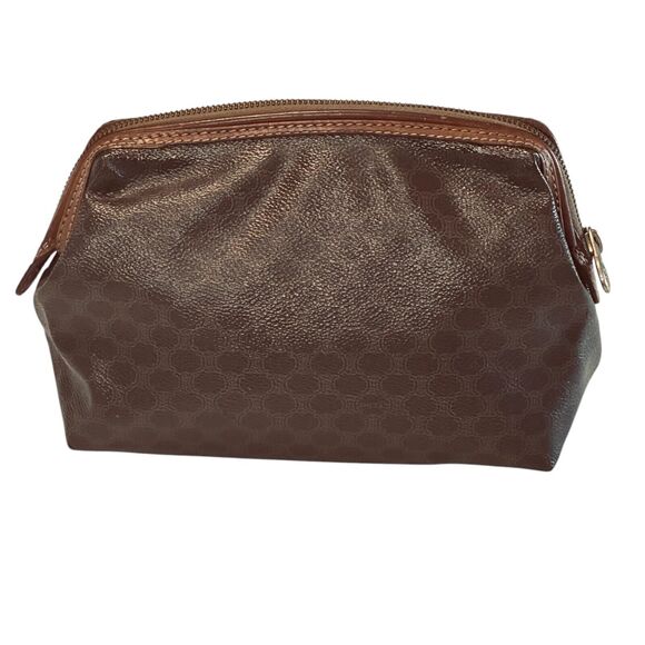 Celine Macadam Cosmetics Bag Top Zip Brown Leather Canvas Pouch Makeup Pockets - Picture 10 of 11